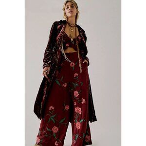 Free People Anna Sui Poppy Embroidered Pant Set Size 4 Y2K Floral 90s